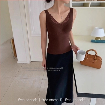 Vesta termică cu dantelă și decolteu în V, cupe integrate, pentru femei, 90–95% poliester, grosime 201–250 g/m²