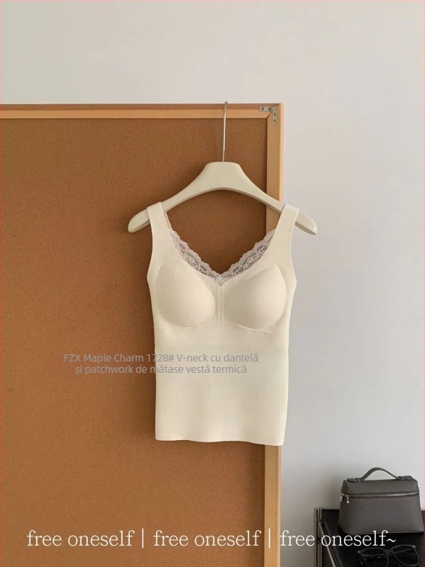 Vesta termică cu dantelă și decolteu în V, cupe integrate, pentru femei, 90–95% poliester, grosime 201–250 g/m²