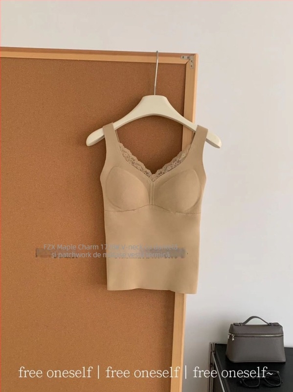 Vesta termică cu dantelă și decolteu în V, cupe integrate, pentru femei, 90–95% poliester, grosime 201–250 g/m²