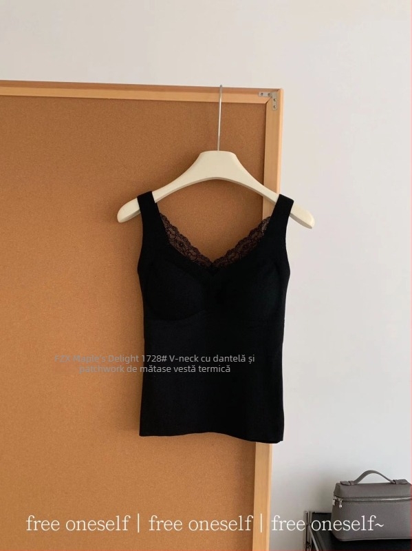 Vesta termică cu dantelă și decolteu în V, cupe integrate, pentru femei, 90–95% poliester, grosime 201–250 g/m²