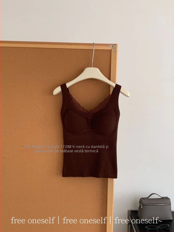 Vesta termică cu dantelă și decolteu în V, cupe integrate, pentru femei, 90–95% poliester, grosime 201–250 g/m²