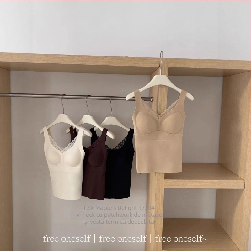 Vesta termică cu dantelă și decolteu în V, cupe integrate, pentru femei, 90–95% poliester, grosime 201–250 g/m²