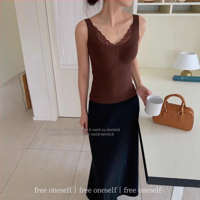 Vesta termică cu dantelă și decolteu în V, cupe integrate, pentru femei, 90–95% poliester, grosime 201–250 g/m²