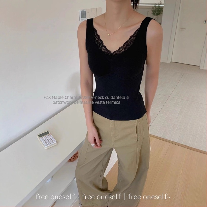 Vesta termică cu dantelă și decolteu în V, cupe integrate, pentru femei, 90–95% poliester, grosime 201–250 g/m²