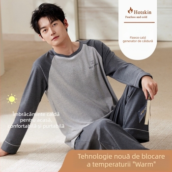 Set pijamale bărbați Derong cu autoîncălzire, căptușit fleece, grosime 251-300 g/m², cu glugă, top și pantaloni