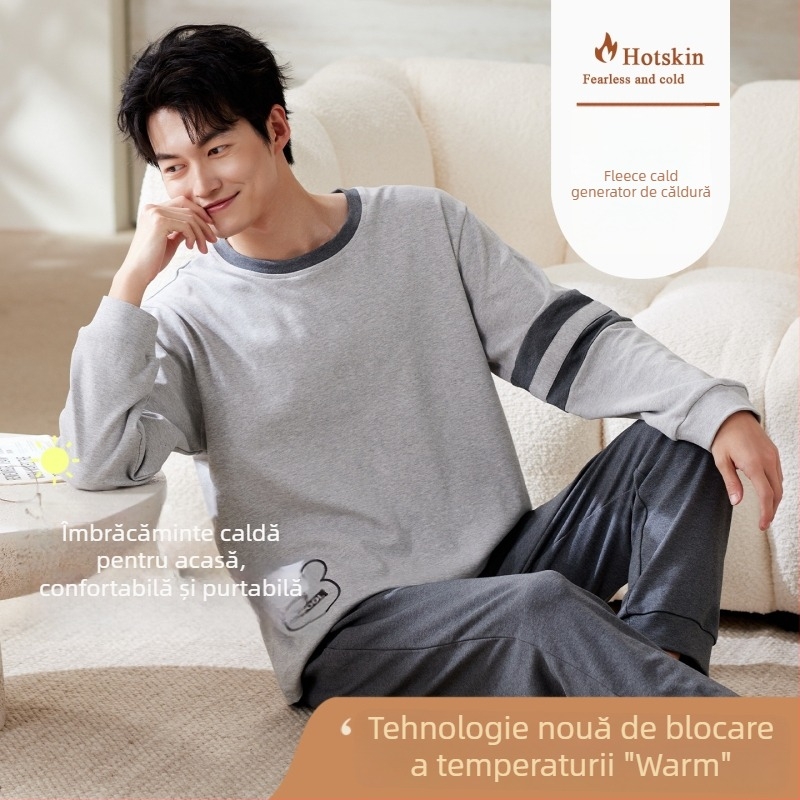 Set pijamale bărbați Derong cu autoîncălzire, căptușit fleece, grosime 251-300 g/m², cu glugă, top și pantaloni