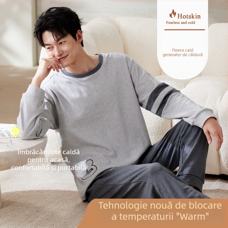 Set pijamale bărbați Derong cu autoîncălzire, căptușit fleece, grosime 251-300 g/m², cu glugă, top și pantaloni