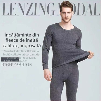 Set termic pentru bărbați, căptușit cu fleece, croială slim, pulover cu guler rotund și pantaloni, 100% poliester