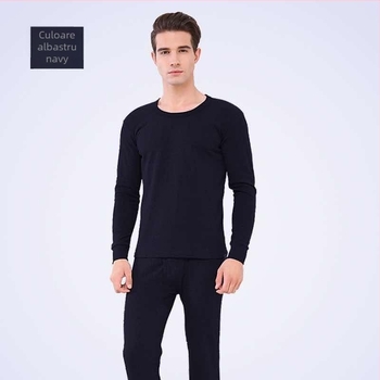 Set termic pentru bărbați, căptușit cu fleece, croială slim, pulover cu guler rotund și pantaloni, 100% poliester