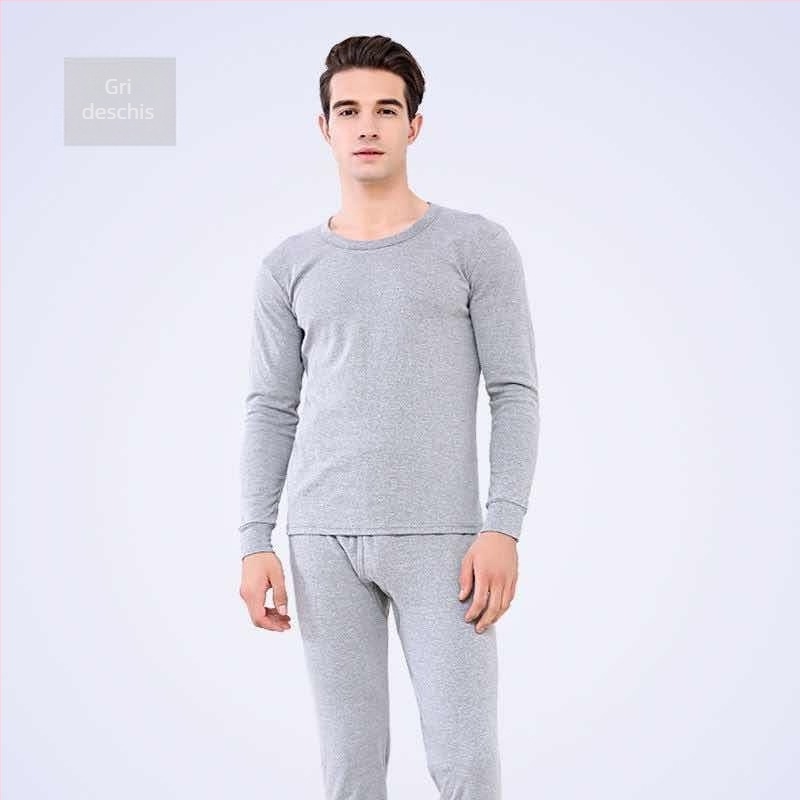 Set termic pentru bărbați, căptușit cu fleece, croială slim, pulover cu guler rotund și pantaloni, 100% poliester