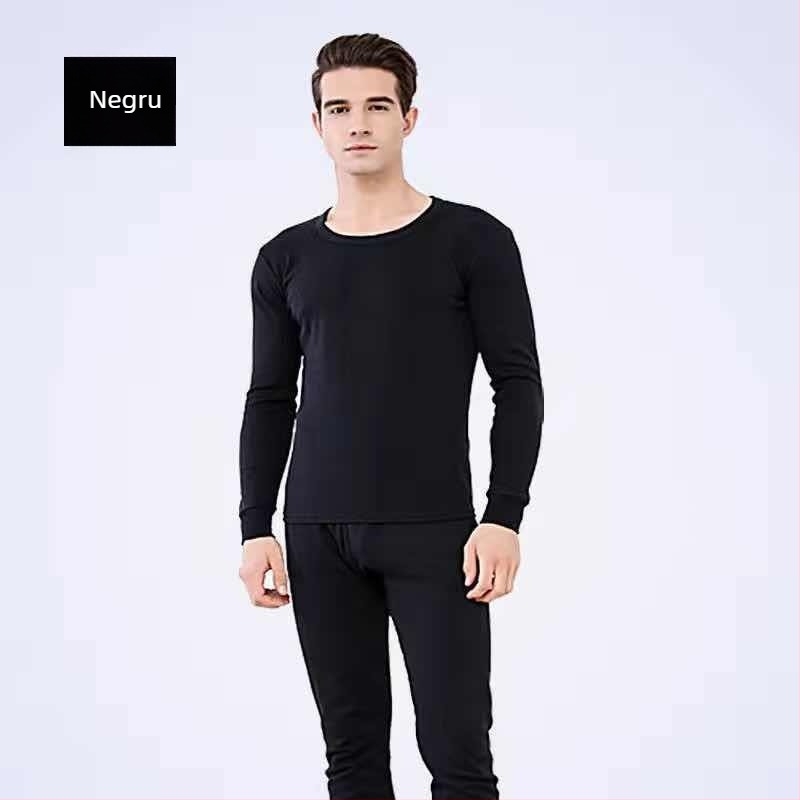 Set termal pentru bărbați cu căptușeală din fleece, îngroșat pentru iarnă – top și pantaloni slim-fit, guler rotund