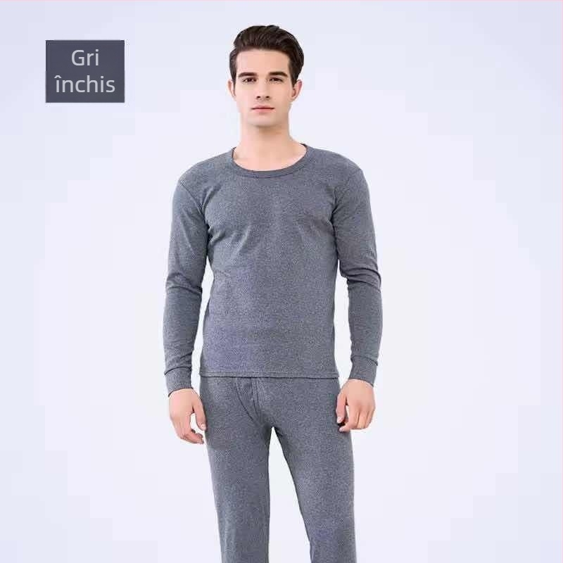 Set termal pentru bărbați cu căptușeală din fleece, îngroșat pentru iarnă – top și pantaloni slim-fit, guler rotund