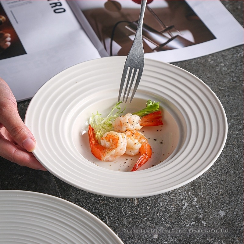 Farfurie ceramică pentru paste, stil nordic, suprafață glazurată colorată, compatibilă cu microunde