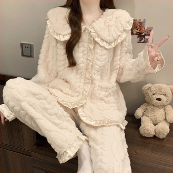 Set de pijamale din catifea coral cu căptușeală de fleece, guler tip lapel, mâneci lungi, pantaloni – stil minimalist pentru casă