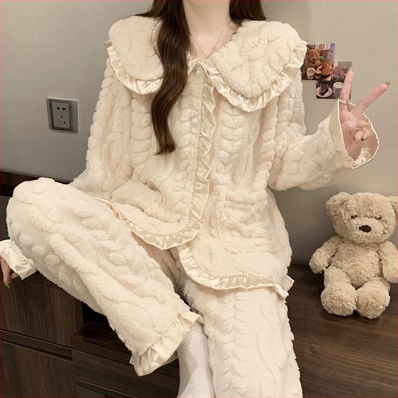 Set de pijamale din catifea coral cu căptușeală de fleece, guler tip lapel, mâneci lungi, pantaloni – stil minimalist pentru casă