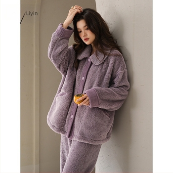 Set de pijamale din velur de bumbac Shu, stil minimalist, material extrem de gros, guler rever, mâneci lungi