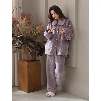 Set de pijamale din velur de bumbac Shu, stil minimalist, material extrem de gros, guler rever, mâneci lungi