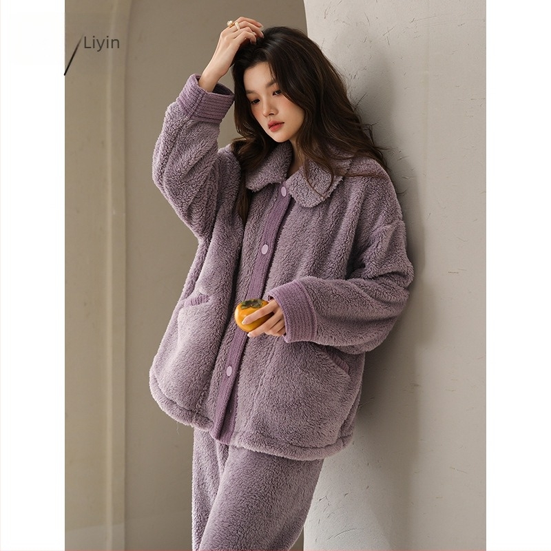 Set de pijamale din velur de bumbac Shu, stil minimalist, material extrem de gros, guler rever, mâneci lungi