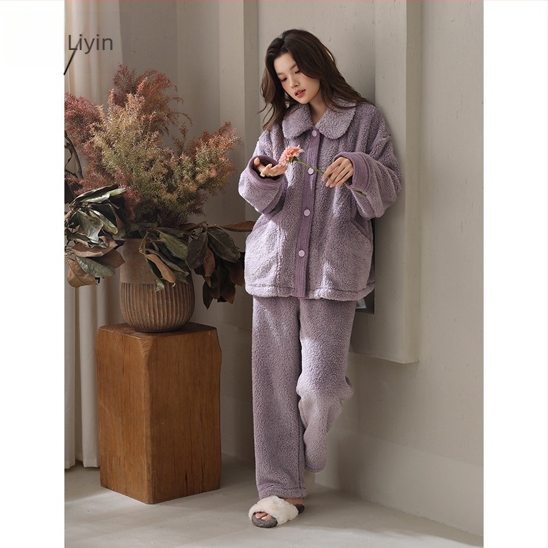 Set de pijamale din velur de bumbac Shu, stil minimalist, material extrem de gros, guler rever, mâneci lungi