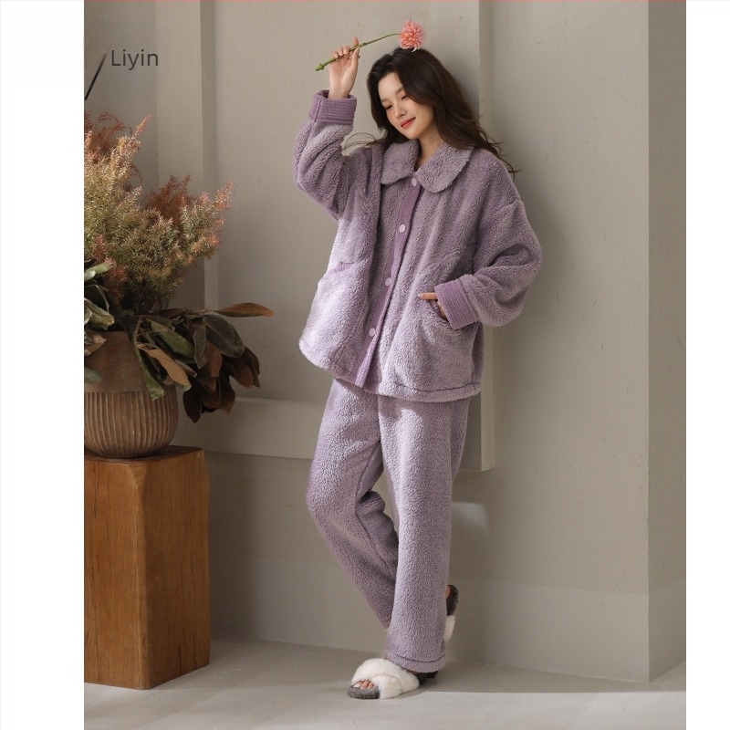 Set de pijamale din velur de bumbac Shu, stil minimalist, material extrem de gros, guler rever, mâneci lungi