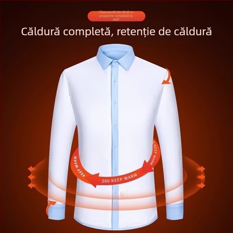 Cămașă albă de iarnă pentru bărbați, stil business casual, căptușită cu fleece, croială slim, din viscoză, fără călcare, lux discret