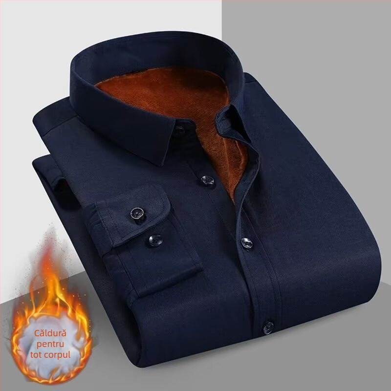 Cămașă albă de iarnă pentru bărbați, stil business casual, căptușită cu fleece, croială slim, din viscoză, fără călcare, lux discret