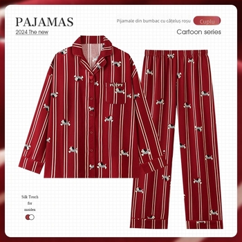 Set de pijamale pentru cuplu, 100% bumbac, decolteu în V, mâneci lungi, pantaloni lungi pentru confort acasă