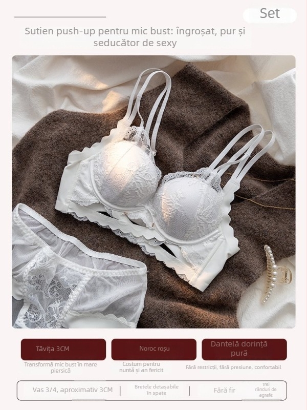 Sutian pentru bust mic cu efect push-up, fără arc metalic, material nylon, tip cup Rabbit Ear Cup, închidere spate cu trei rânduri, stil 3/4