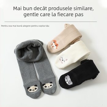 Colanți bebeluși din bumbac terry, groși pentru toamnă-iarna, talie înaltă, lungime integrală, 90% bumbac, imprimeu cu desene animate