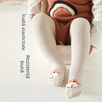 Colanți bebeluși din bumbac terry, groși pentru toamnă-iarna, talie înaltă, lungime integrală, 90% bumbac, imprimeu cu desene animate