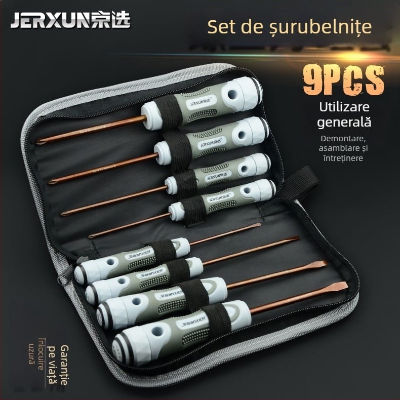 Set de șurubelnițe JERXUN S2, 9 piese, magnetic, oțel S2, Phillips, Pozidriv, șurubelniță cu cap plat, multifuncțional