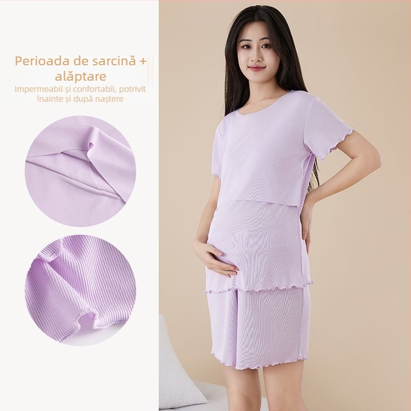 Set de maternitate pentru alăptare, mâneci trei sferturi, pantaloni Capri, deschidere pentru alăptare, material poliester 95%+, vară