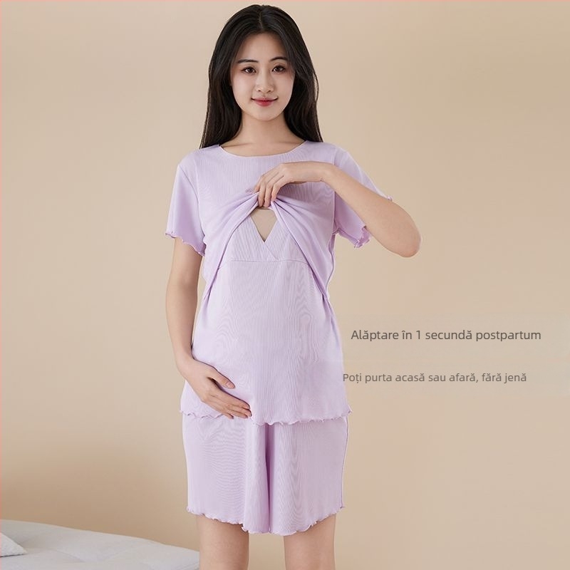 Set de maternitate pentru alăptare, mâneci trei sferturi, pantaloni Capri, deschidere pentru alăptare, material poliester 95%+, vară