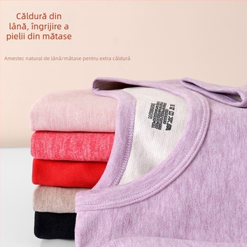 Set de lenjerie termică pentru femei din lână și mătase — țesătură Derong, principal material: poliester, antibacterian și antistatice, păstrează căldura, protecție pentru burtă și spate, guler rotund, mâneci lungi, top și bottom ca strat de bază