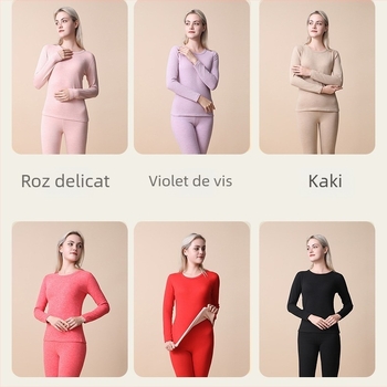 Set de lenjerie termică pentru femei din lână și mătase — țesătură Derong, principal material: poliester, antibacterian și antistatice, păstrează căldura, protecție pentru burtă și spate, guler rotund, mâneci lungi, top și bottom ca strat de bază