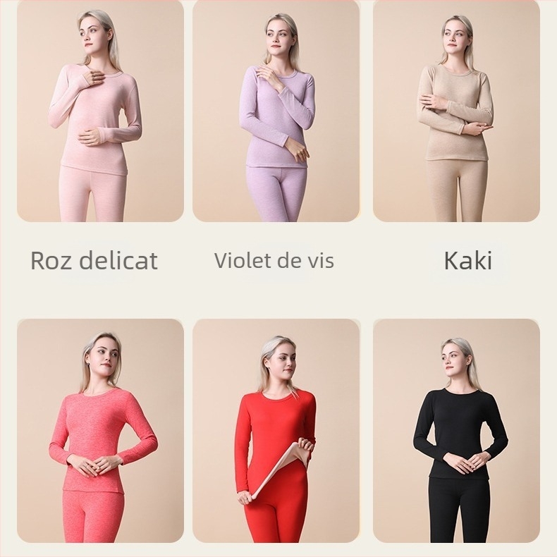 Set de lenjerie termică pentru femei din lână și mătase — țesătură Derong, principal material: poliester, antibacterian și antistatice, păstrează căldura, protecție pentru burtă și spate, guler rotund, mâneci lungi, top și bottom ca strat de bază