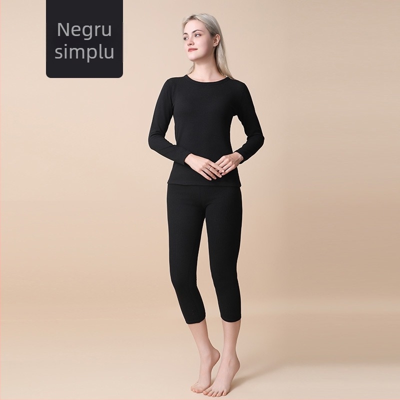 Set de lenjerie termică pentru femei din lână și mătase — țesătură Derong, principal material: poliester, antibacterian și antistatice, păstrează căldura, protecție pentru burtă și spate, guler rotund, mâneci lungi, top și bottom ca strat de bază