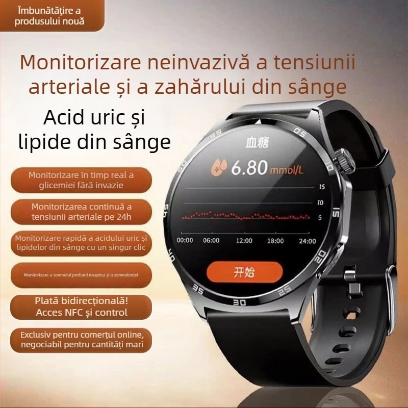 Ceas inteligent cu monitorizare non-invazivă a glicemiei, monitorizare a acidului uric, tensiune arterială și ritm cardiac, NFC pentru plăți offline