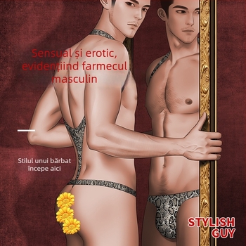 Chiloți bărbați din poliester cu imprimeu șarpe, talie joasă, thong cu buzunar mare (90–95% poliester)