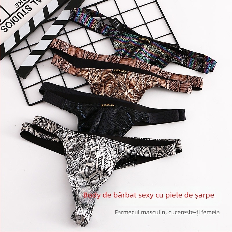 Chiloți bărbați din poliester cu imprimeu șarpe, talie joasă, thong cu buzunar mare (90–95% poliester)
