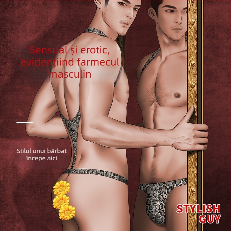 Chiloți bărbați din poliester cu imprimeu șarpe, talie joasă, thong cu buzunar mare (90–95% poliester)