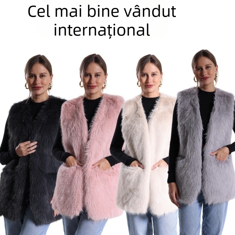 Vesta din blană sintetică cu decolteu în V, poliester, croi lejer, lungime medie (Material: Poliester; Material principal: Blană sintetică; Decolteu: în V; Croi: lejer; Lungime: medie)