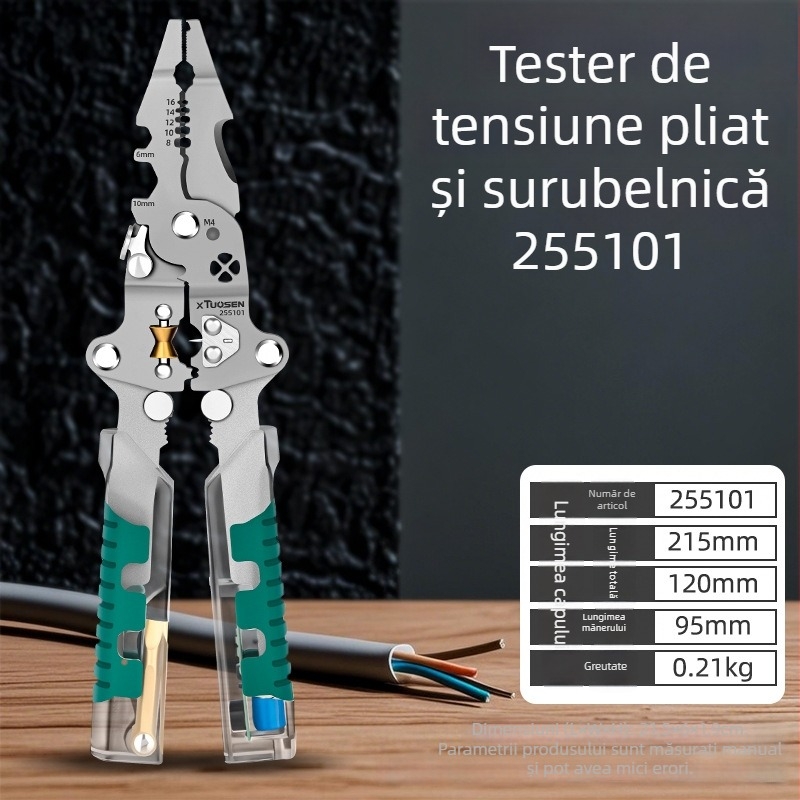 Tuosen Clește de electrician — multifuncțional cu tăierea și dezizolarea cablurilor, înfășurarea conductorilor, test electric, design pliabil