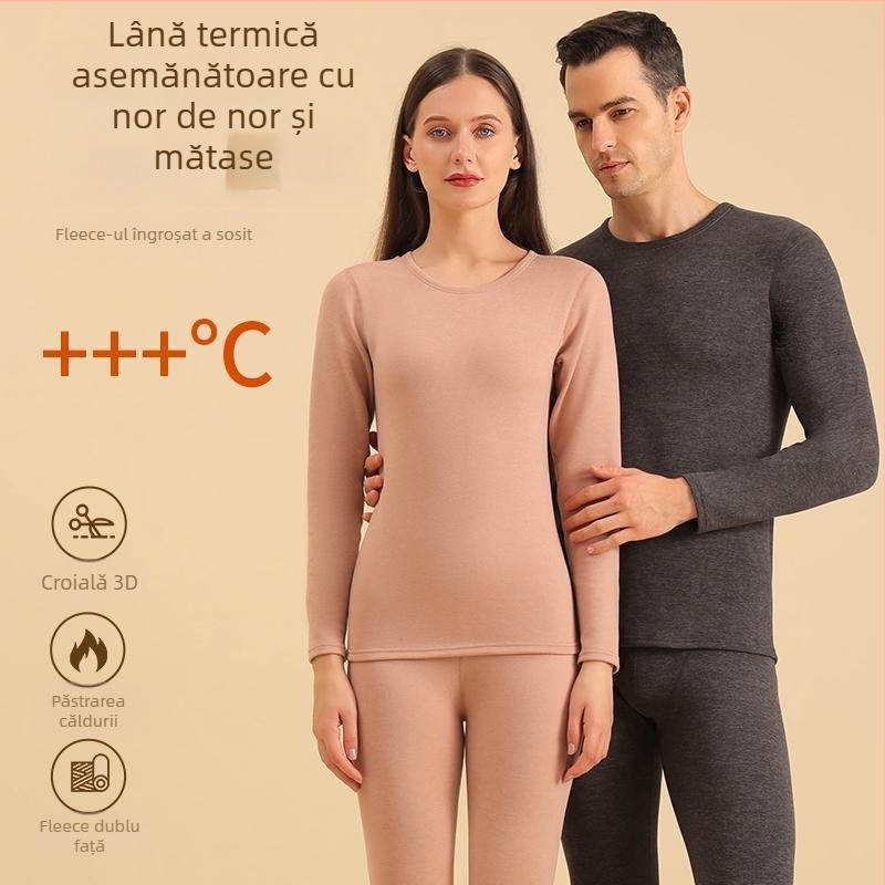 Set termic din lână 80% cu căptușeală din mătase Mulberry 80%, top cu glugă, guler rotund, fără cusături, 300 g/m²