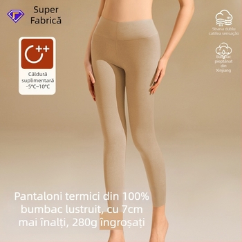 Colanți termici din bumbac pur, talie înaltă, căptușiți cu fleece - groși, 280 g, lungime 9/10