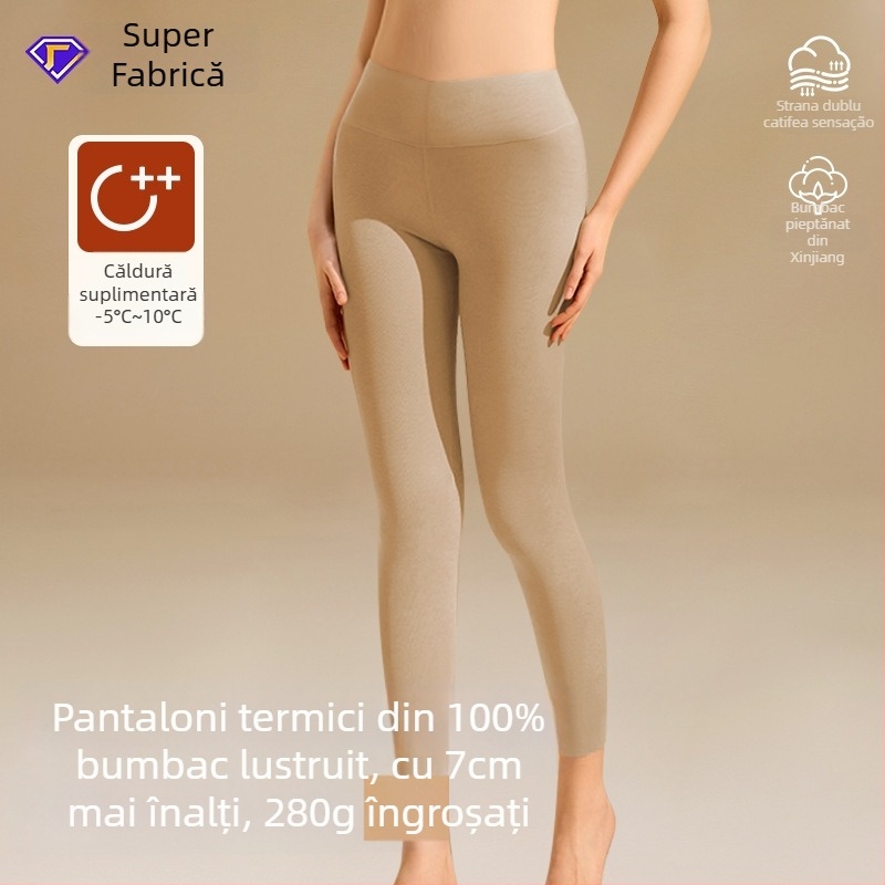 Colanți termici din bumbac pur, talie înaltă, căptușiți cu fleece - groși, 280 g, lungime 9/10