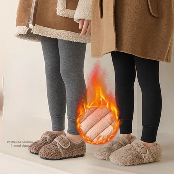 Colanți pentru copii căptușiți cu fleece, cu dungi verticale, talie înaltă, model de iarnă, 64,9% vâscoză, pentru 3–8 ani (100–140 cm)