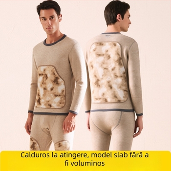 Set termic pentru bărbați cu fleece gros, catifea Mink și mătase — fără cusături, poliester 90–95%, 301–350 g/m², protecție spate