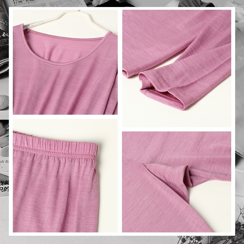 Set de lenjerie termică pentru femei din 100% lână — bază, guler rotund, mâneci lungi, pantaloni, lână fină, grosime moderată 141–160 g/m², toamnă-iarnă