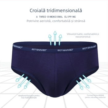 Chiloți bărbătești briefs, respirabili, talie medie, tricot, fibre de celuloză regenerată, căptușeală modal 90–95%.